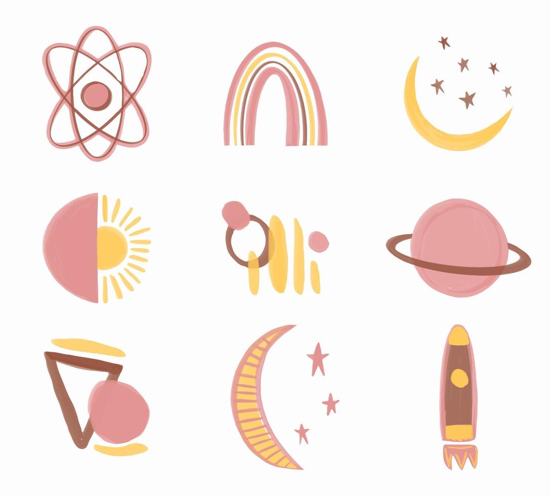 Vector Collection of space objects in boho style. Pink hand drawn watercolor set for nursery decor. Boho baby set.