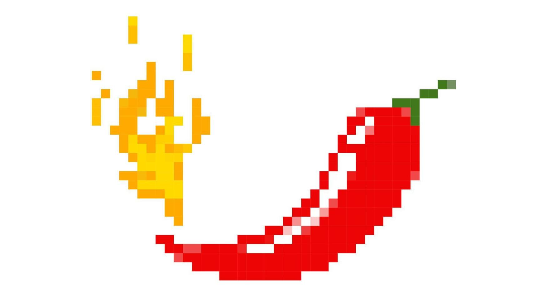 Vector illustration of hot chilli pepper with fire in pixel style. Vector emblem jalapeno or chilli pepper.