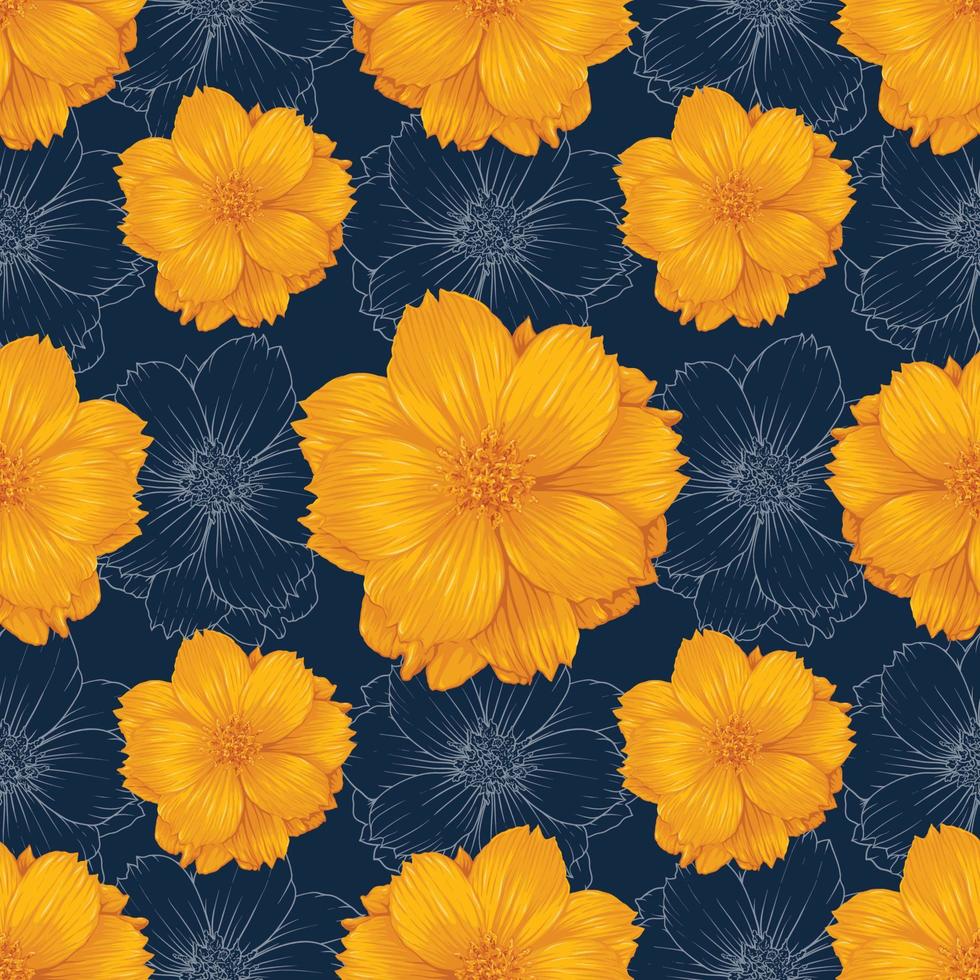 Seamless pattern floral with  cosmos flowers dark blue abstract background.Vector illustration hand drawing.fabric textile pattern print design vector