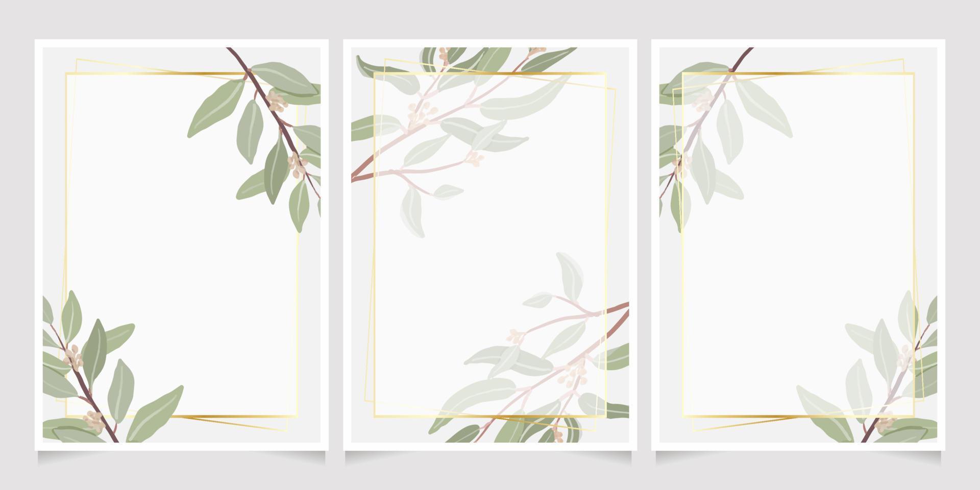 beautiful minimal seeded eucalyptus leaves with golden frame background for birthday or wedding invitation card template collection vector