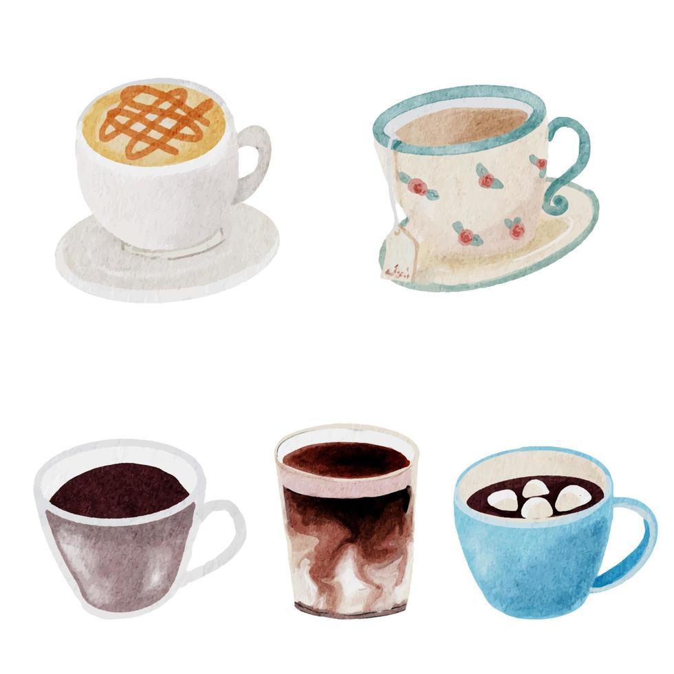 colección de elementos de café y bebidas acuarela sobre fondo blanco aislado vector