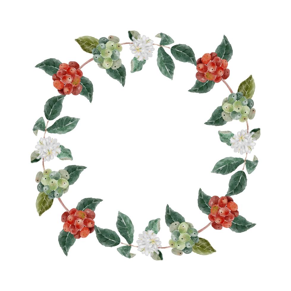 watercolor coffee branch berry wreath frame with copy space for text isolated on white background vector