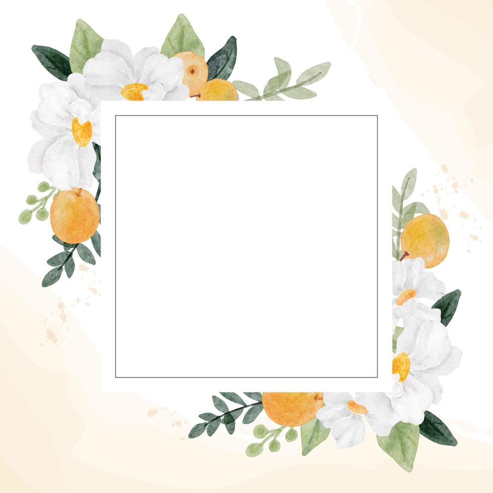 watercolor white flower and orange fruit wreath frame banner background vector