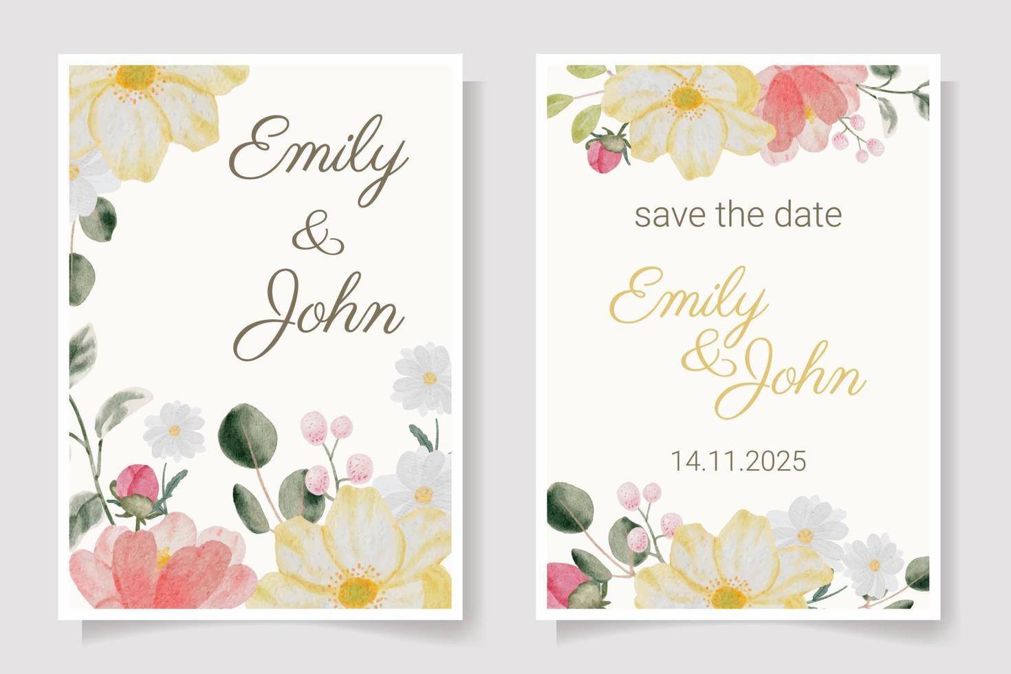 watercolor hand drawn colorful spring flower and green leaf bouquet wedding invitation card template collection vector
