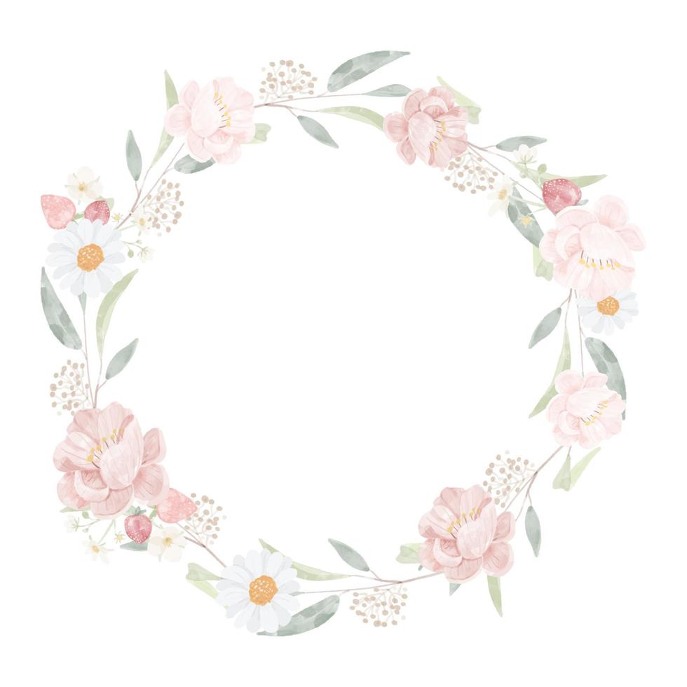 watercolor pink peony bouquet on seeded eucalyptus branch wreath frame vector