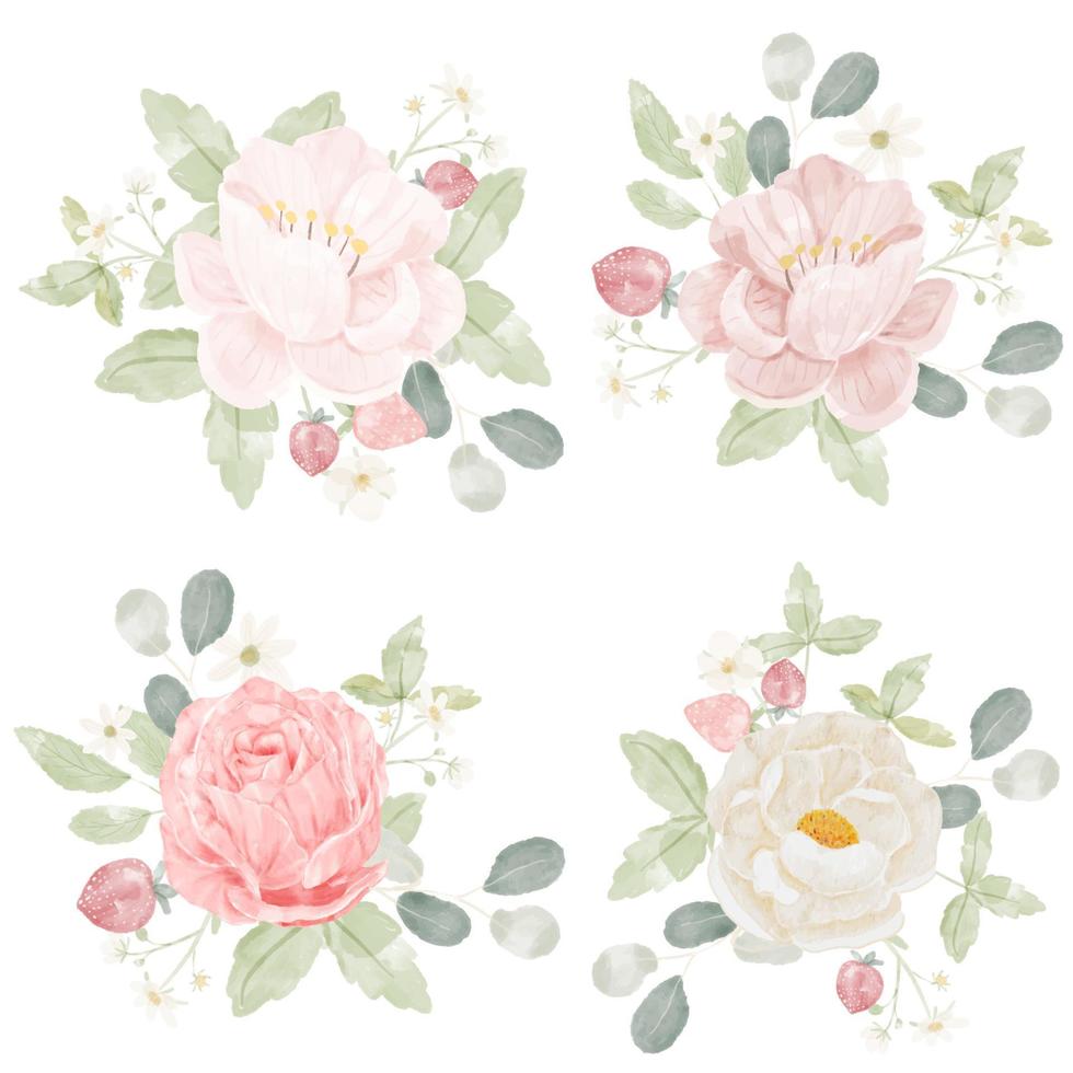 watercolor pink rose bouquet collection isolated on white background vector