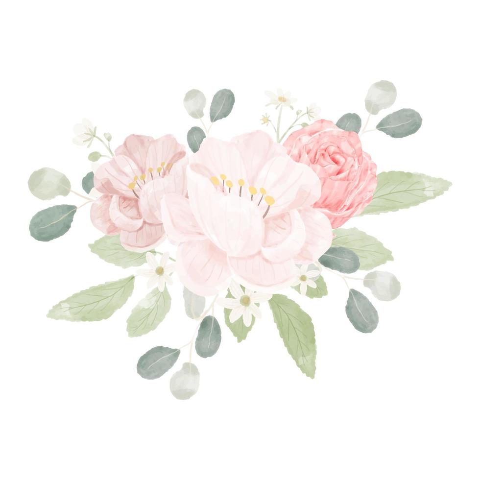 pink pastel watercolor rose and peony flower bouquet arrangement vector