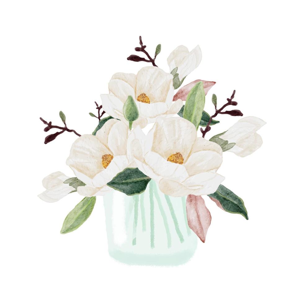 watercolor white magnolia blooming flower branch bouquet in glass vase clipart vector