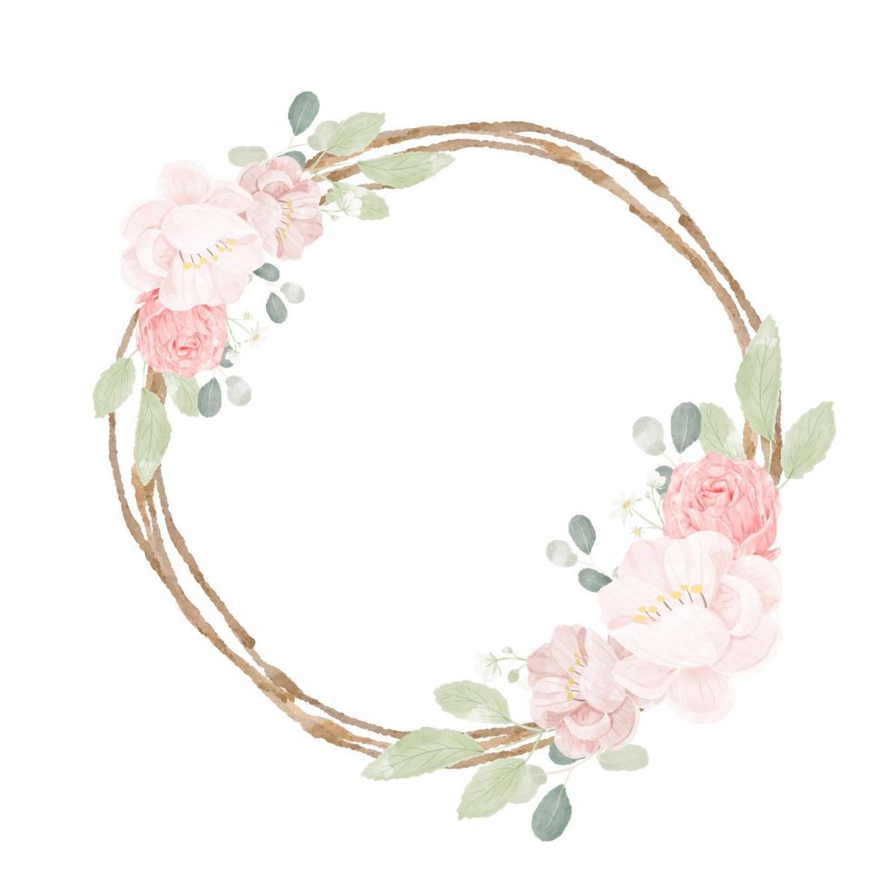 hand draw watercolor pink roses and peony bouquet with dry twig frame wreath vector