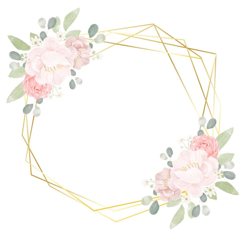 hand draw watercolor pink roses and peony bouquet with golden geometric frame wreath vector
