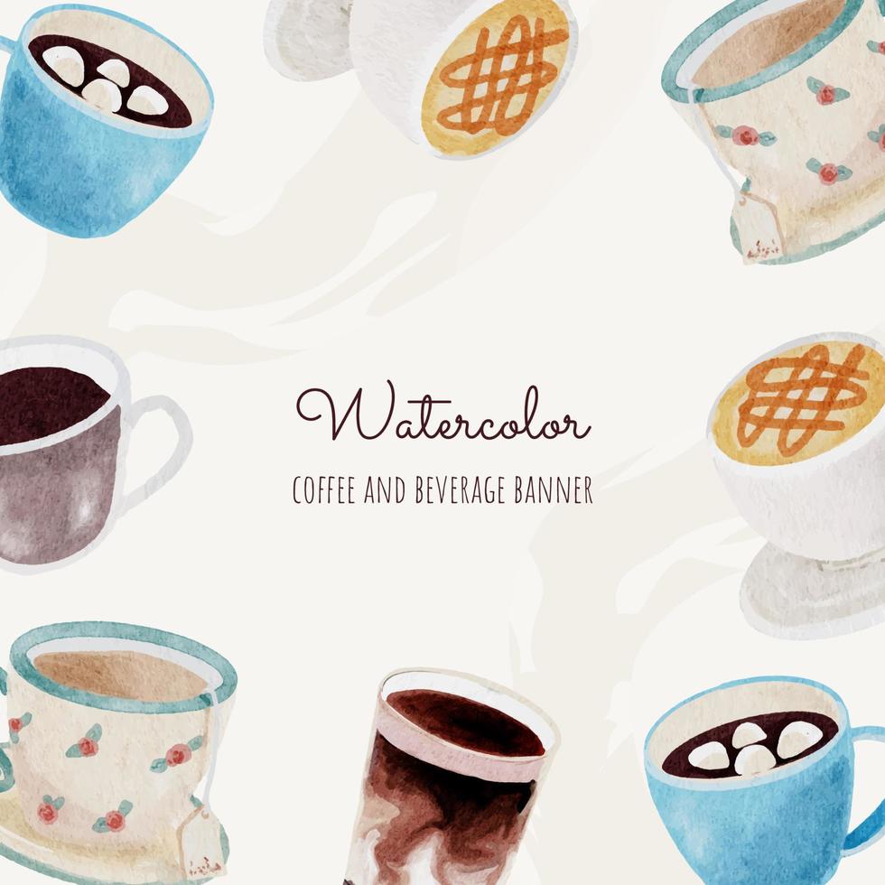 watercolor coffee and beverage square banner frame with copy space for text vector