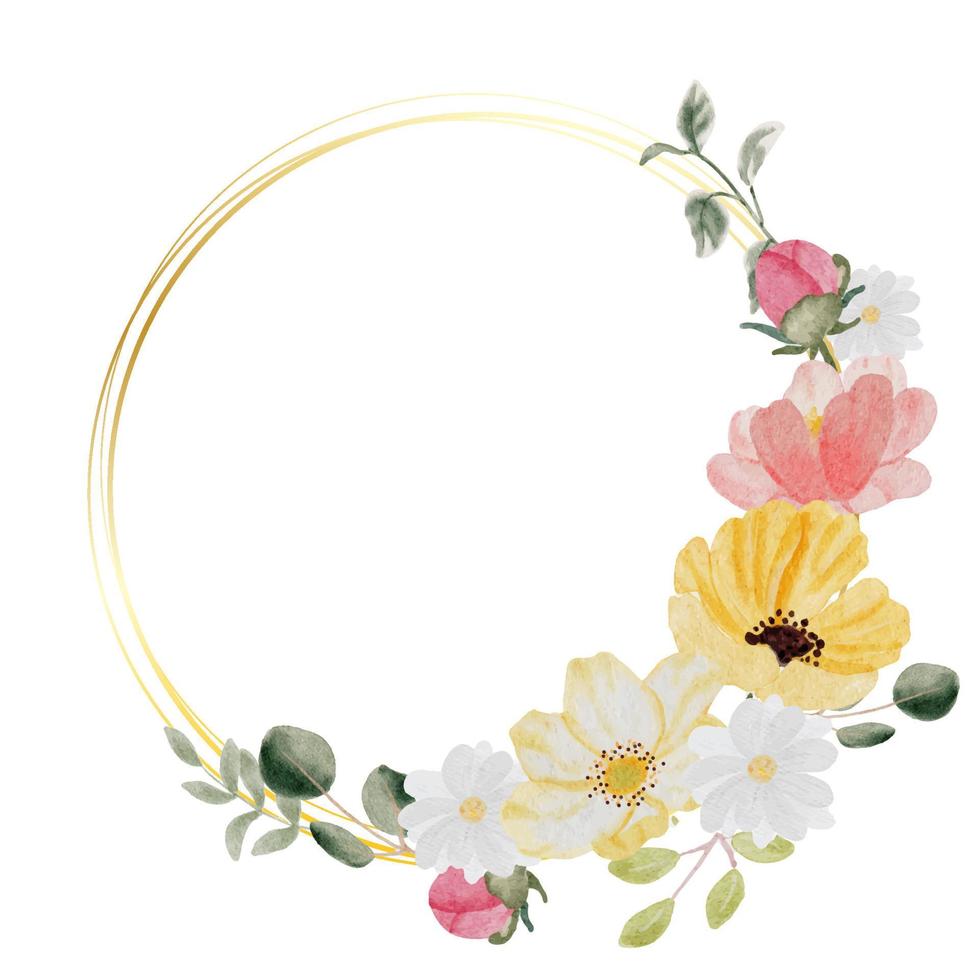 watercolor hand drawn colorful spring flower and green leaf bouquet wreath with gold frame isolated on white background vector