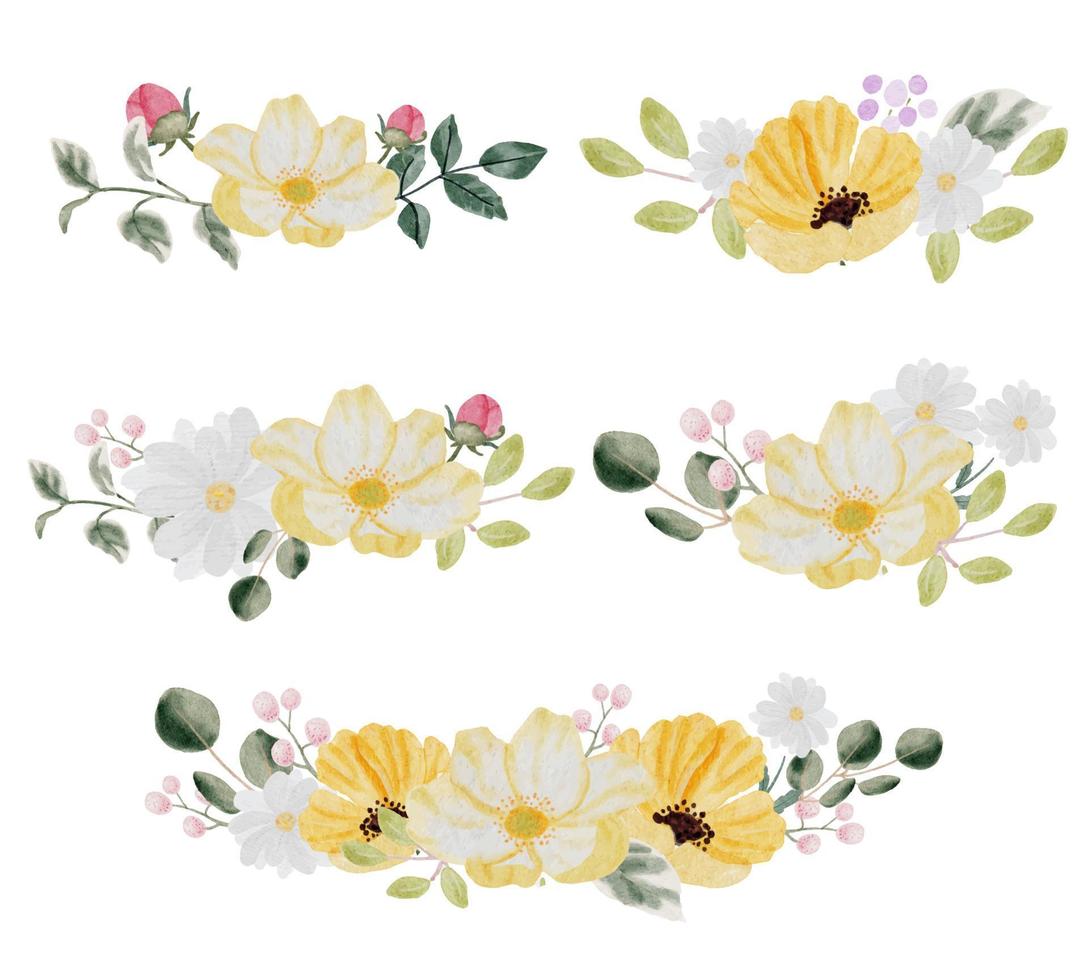 watercolor hand drawn colorful spring flower and green leaf bouquet wreath collection isolated on white background vector