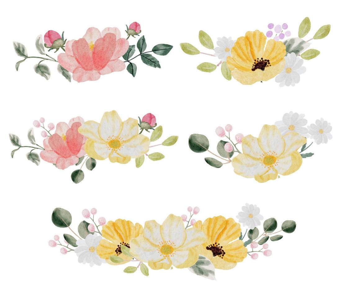 watercolor hand drawn colorful spring flower and green leaf bouquet wreath collection isolated on white background vector