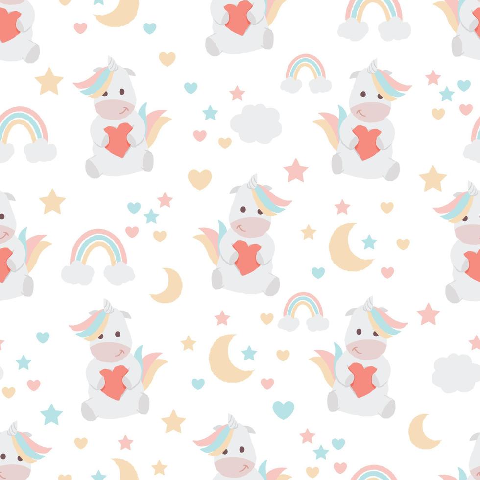 cute pastel unicorn with red heart seamless pattern for fabric or wrapping paper vector