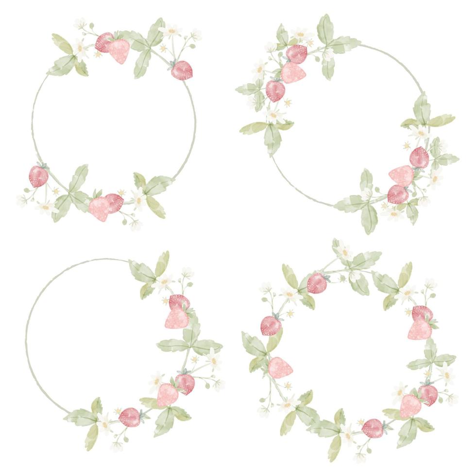 watercolor wild strawberry branch flower wreath frame collection for logo or banner vector