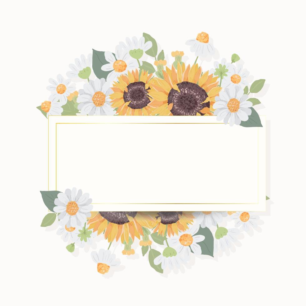 dibujar a mano una linda corona de ramo de girasol con marco dorado para pancarta o logotipo vector