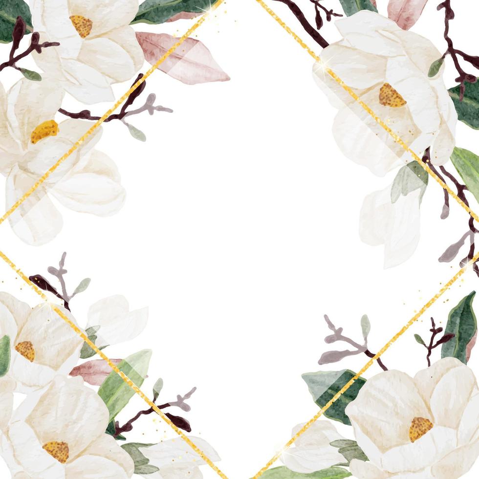 watercolor white magnolia blooming flower branch bouquet with gold glitter frame square banner background vector