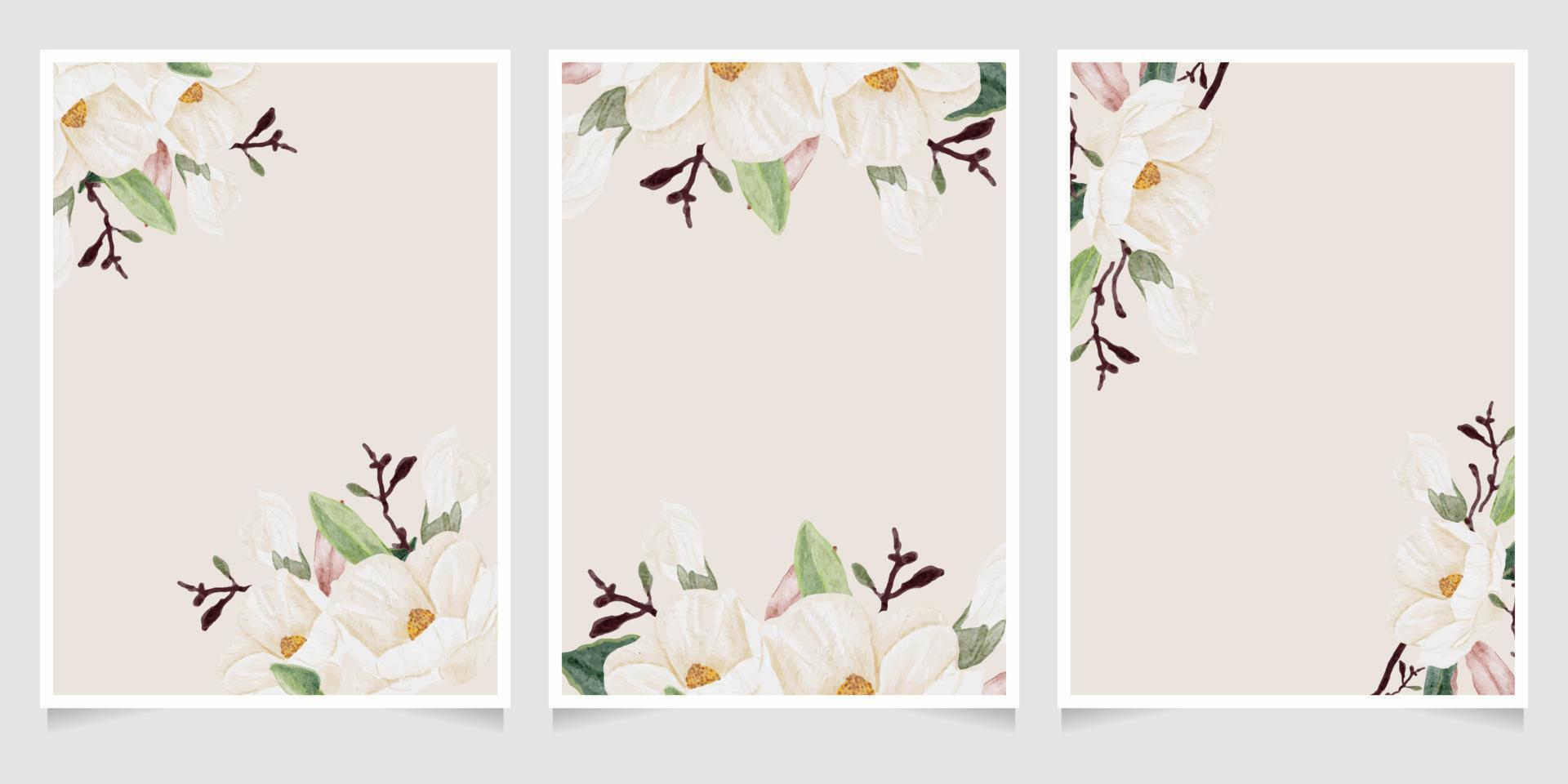 watercolor hand drawn white magnolia flower and green leaf branch bouquet wedding invitation card template collection vector