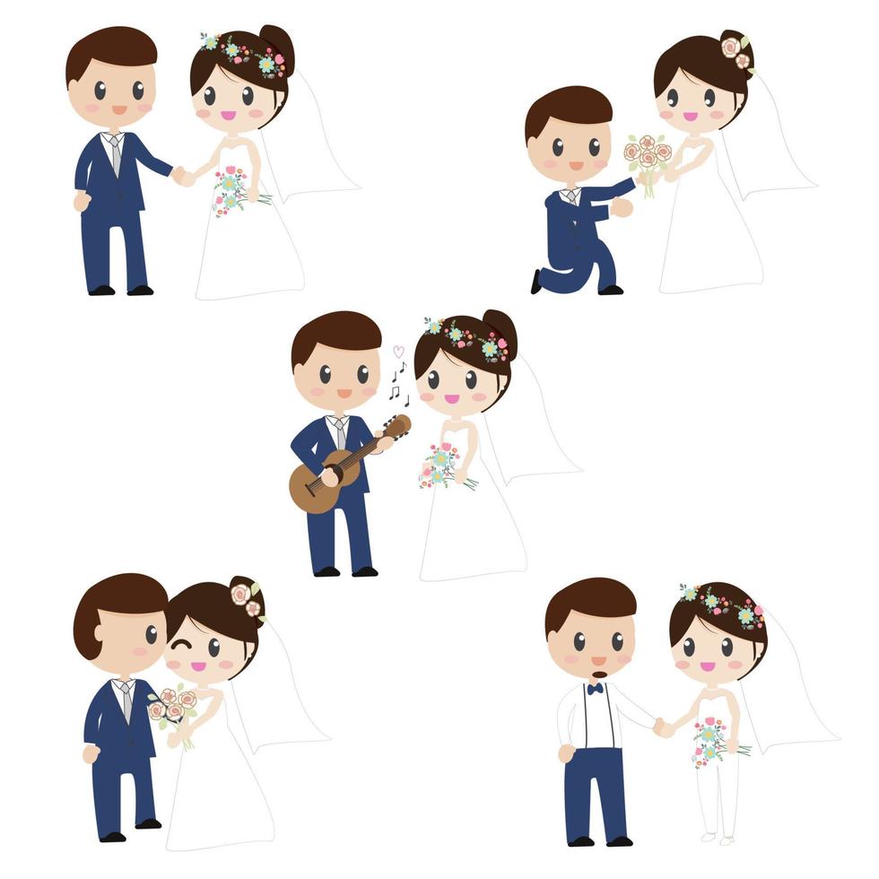 Cute dibujos animados hermosas parejas de novios en vestido de novia  tomados de la mano sobre fondo blanco aislado 6045418 Vector en Vecteezy