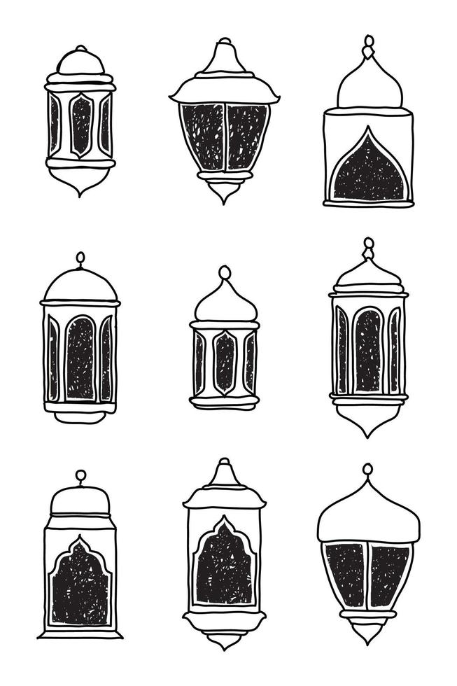 Line Islamic Arabic Lantern Symbol Icon Collection Set. Hand drawn set of lanterns. Vector illustration in doodle style
