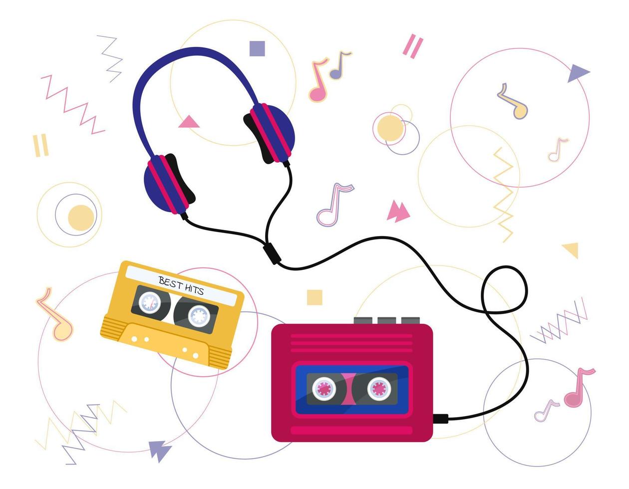 reproductor de audio retro, casete y auriculares de los años 80 y 90. objetos planos vectoriales aislados. Conjunto de equipos musicales de los años 90. ilustración de cinta de audio y reproductor de audio vector