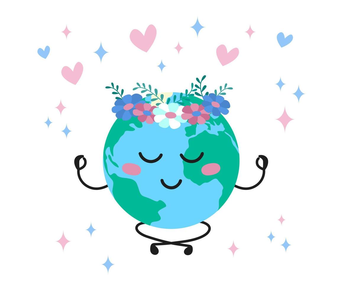 Cute Earth meditates and smiles. Cartoon planet with flower wreath on head isolated. Vector flat illustration for Earth Day