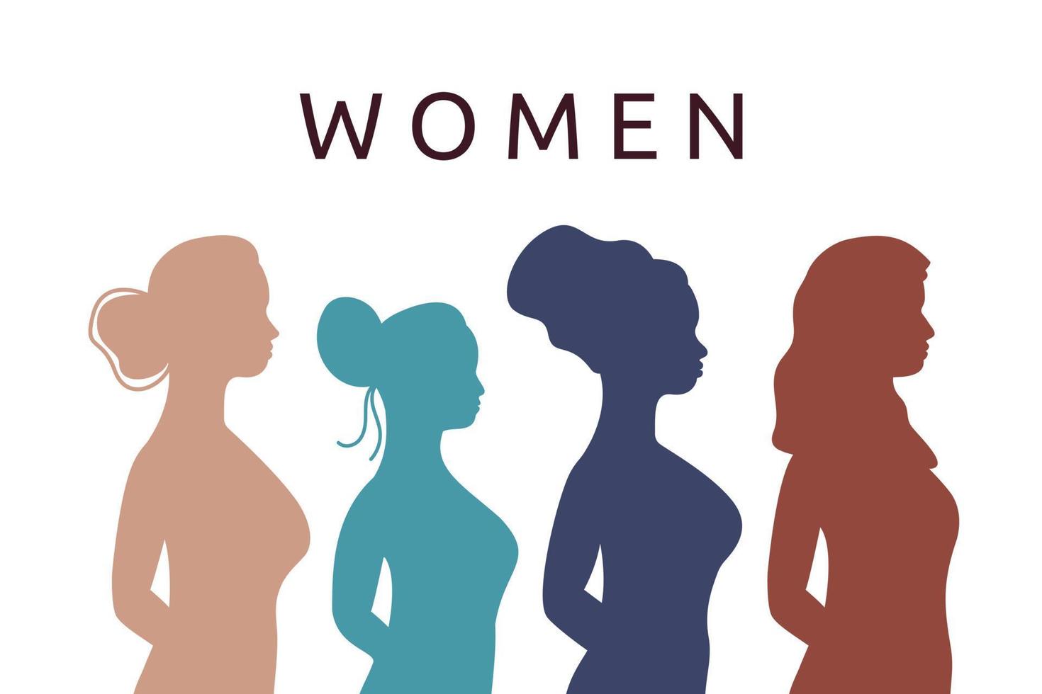 Female silhouettes in profile. Group of women of different ethnicities and cultures together. Women text. Vector flat illustration