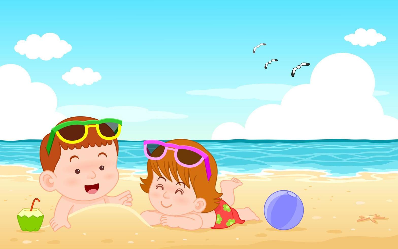 niño y niña tumbados en la playa y el mar de actividades de vacaciones de verano. vector