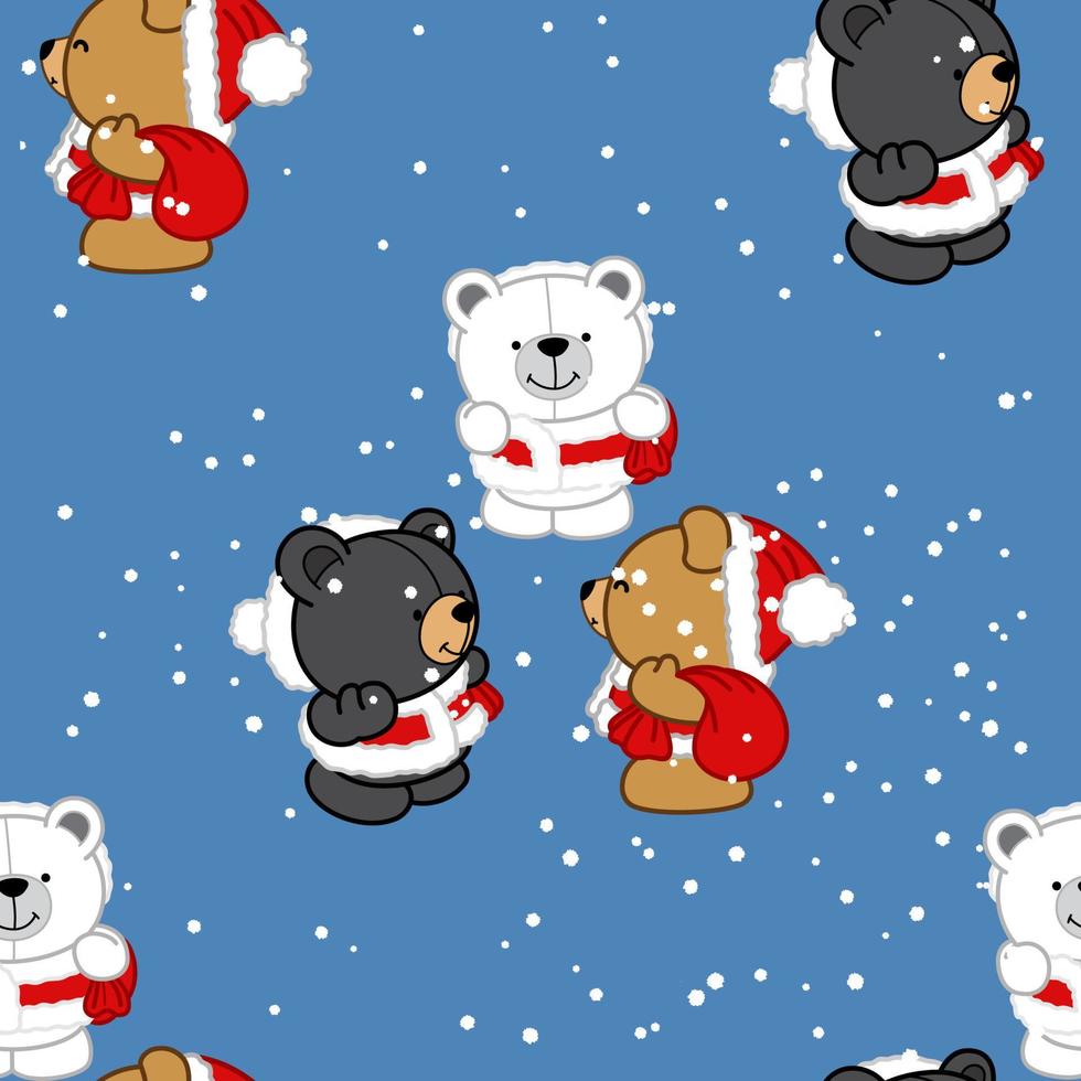 lindo oso polar, oso negro y oso de peluche en vestido de santa cruz para patrón sin costuras de navidad, vector de personaje de dibujos animados de animales sobre fondo rojo.