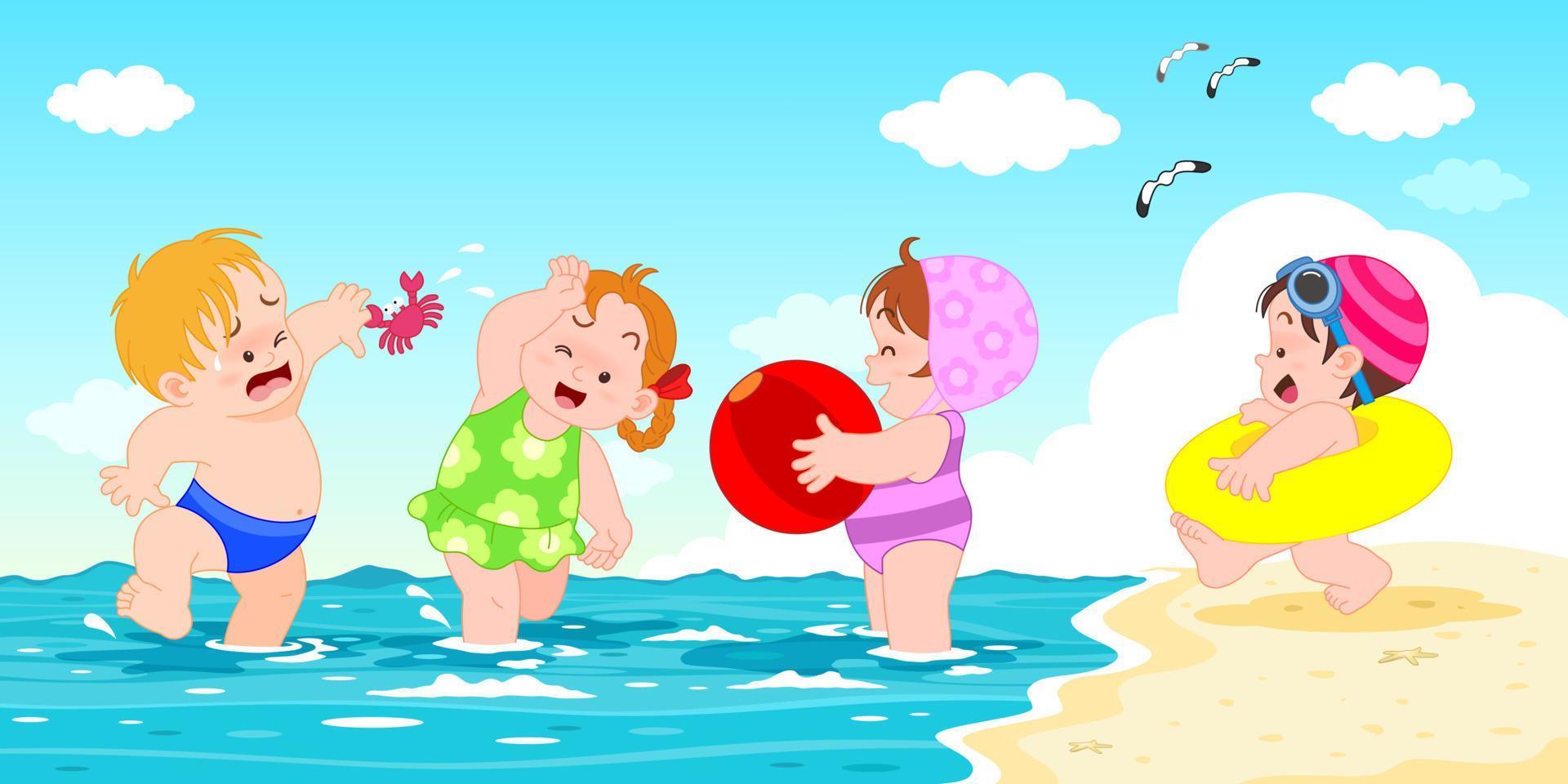 niños jugando en la playa y el mar de actividades de vacaciones de verano. vector