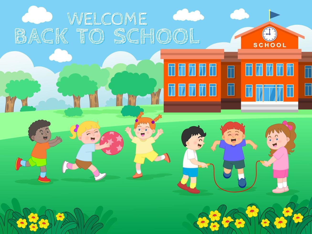 Schoolboys and schoolgirls characters wearing uniform and playing in the School lawn, Welcome back to school concept. vector