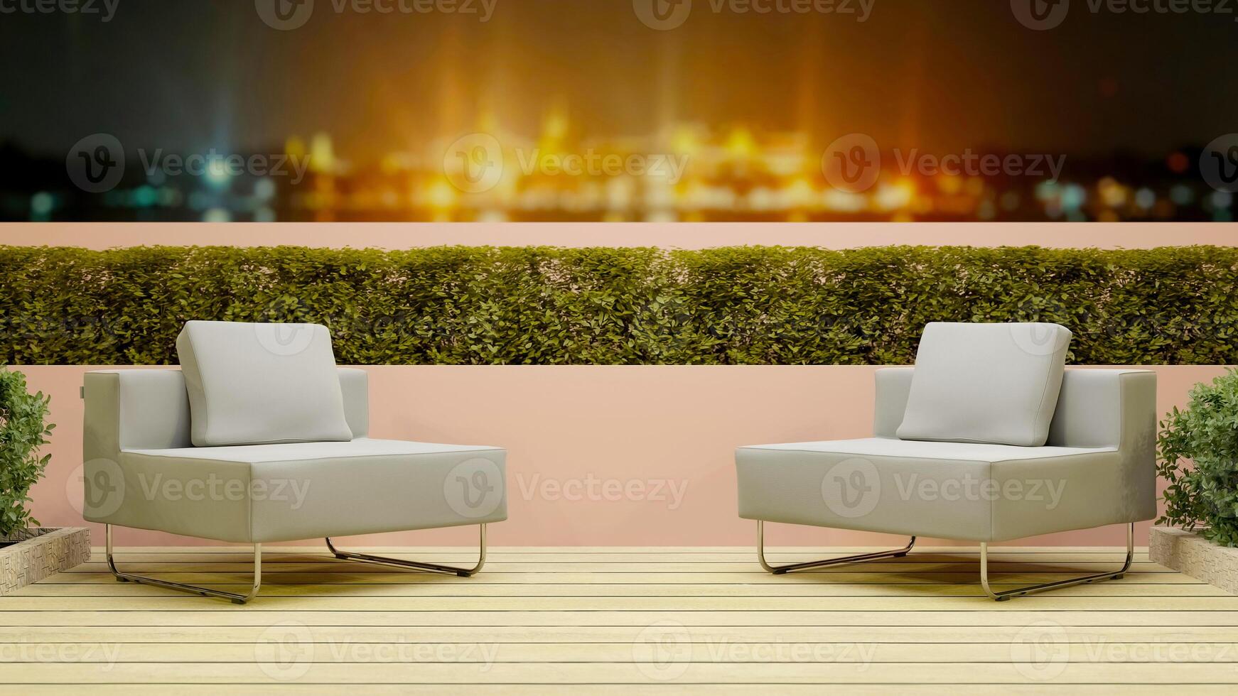 outdoor lounging balcony corridor park with sofa bench at night with river view , 3D illustration rendering photo