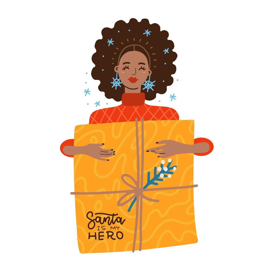 linda mujer afro-amarican sonriente que lleva una caja de regalo de navidad. feliz joven gran regalo. personaje de dibujos animados femenino celebrando en navidad. ilustración vectorial plana vector