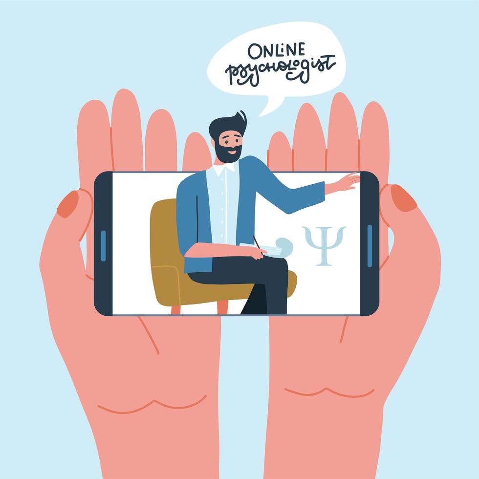 Psychology online concept. Tho hands holding phone with male psychologist on screen. Smartphone with video call app and bearded man. Flat vector illustration.