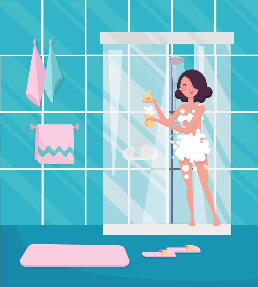 Woman taking shower. Daily routine with confident adult female character covered in soap foam having a shower in bathroom interior. Morning routine concept layout. Flat cartoon vector illustration.