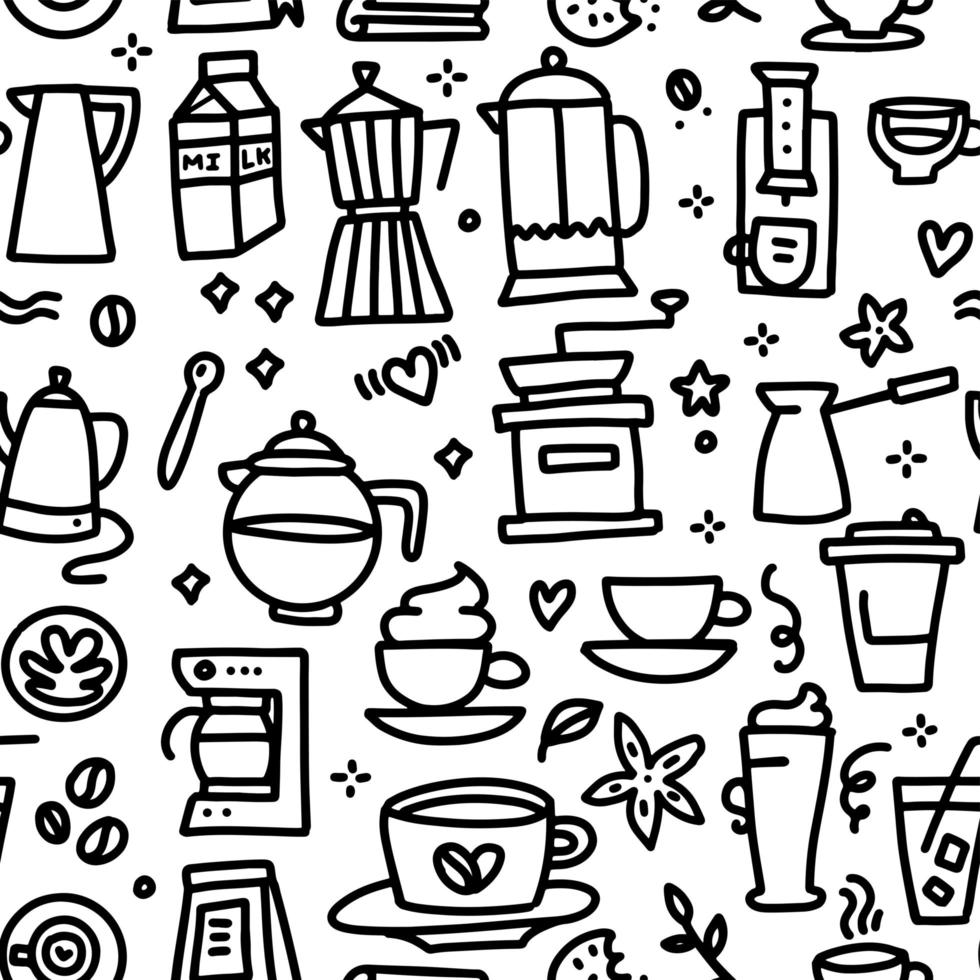 Coffee Seamless Pattern with various doodle linear elements - cup, mill, pot, turk and milk. Line hand drawn vector illustration.