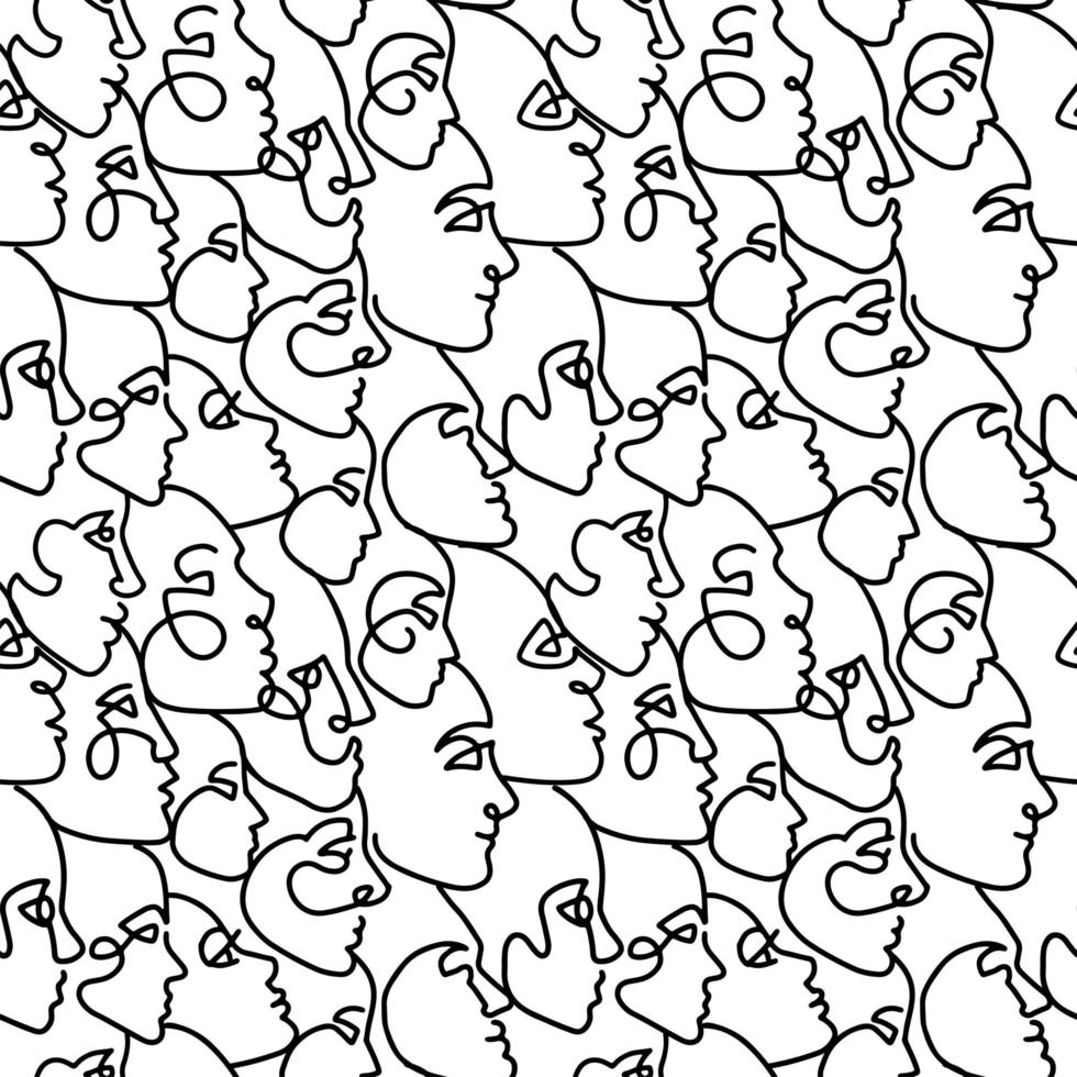 One line drawing abstract face profile seamless pattern. Modern minimalism aesthetic contour art. Continuous line background with women's and men's faces. Vector linear illustration