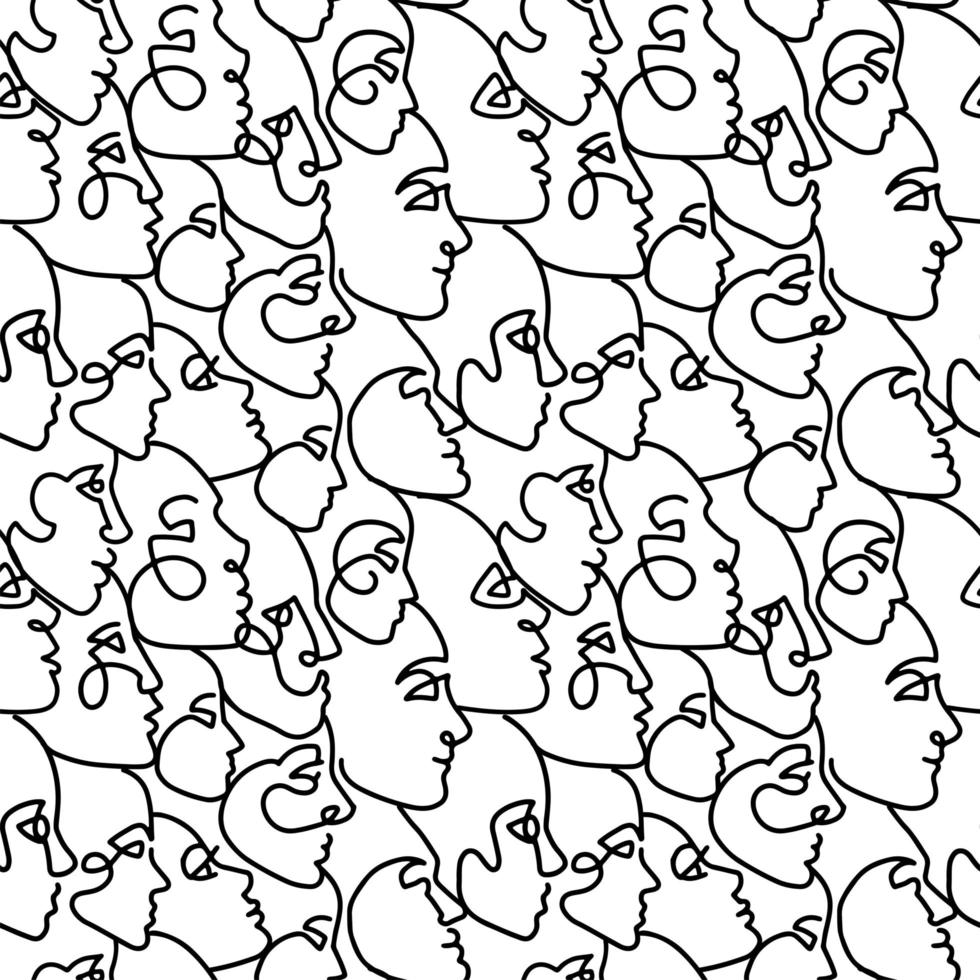 One line drawing abstract face profile seamless pattern. Modern minimalism aesthetic contour art. Continuous line background with women's and men's faces. Vector linear illustration