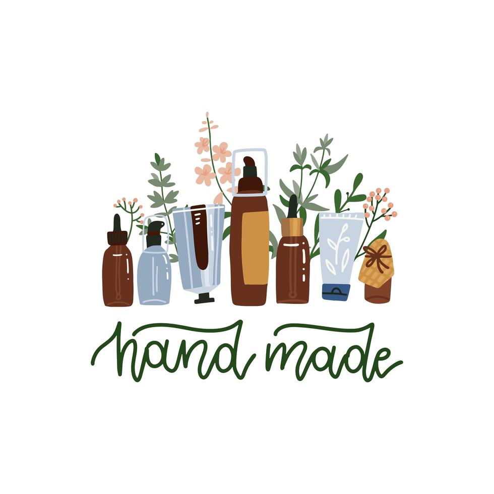 Natural organic cosmetics standing on white background. Bottles, jars, tubes of lotion, cream, oil, scrub, serum, gel in eco friendly packaging. Flat vector illustration with lettering text
