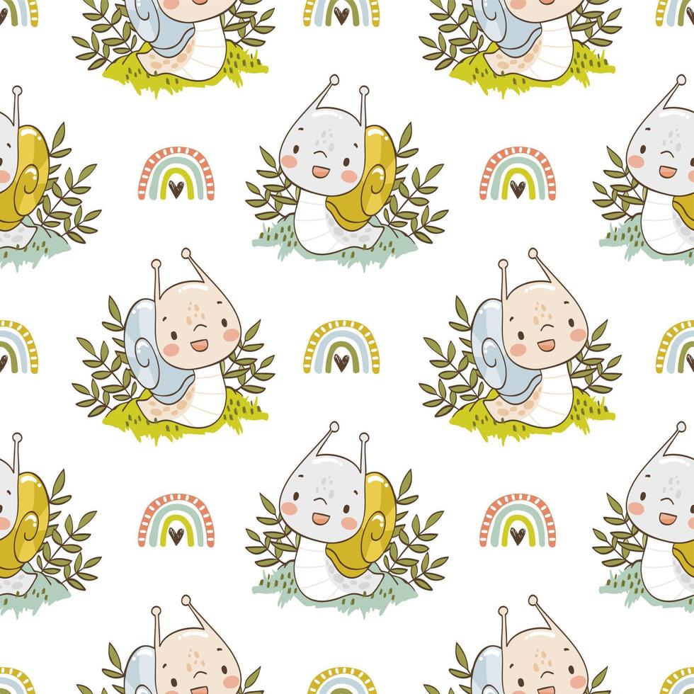 Cute little snail with rainbow seamless pattern for kids vector