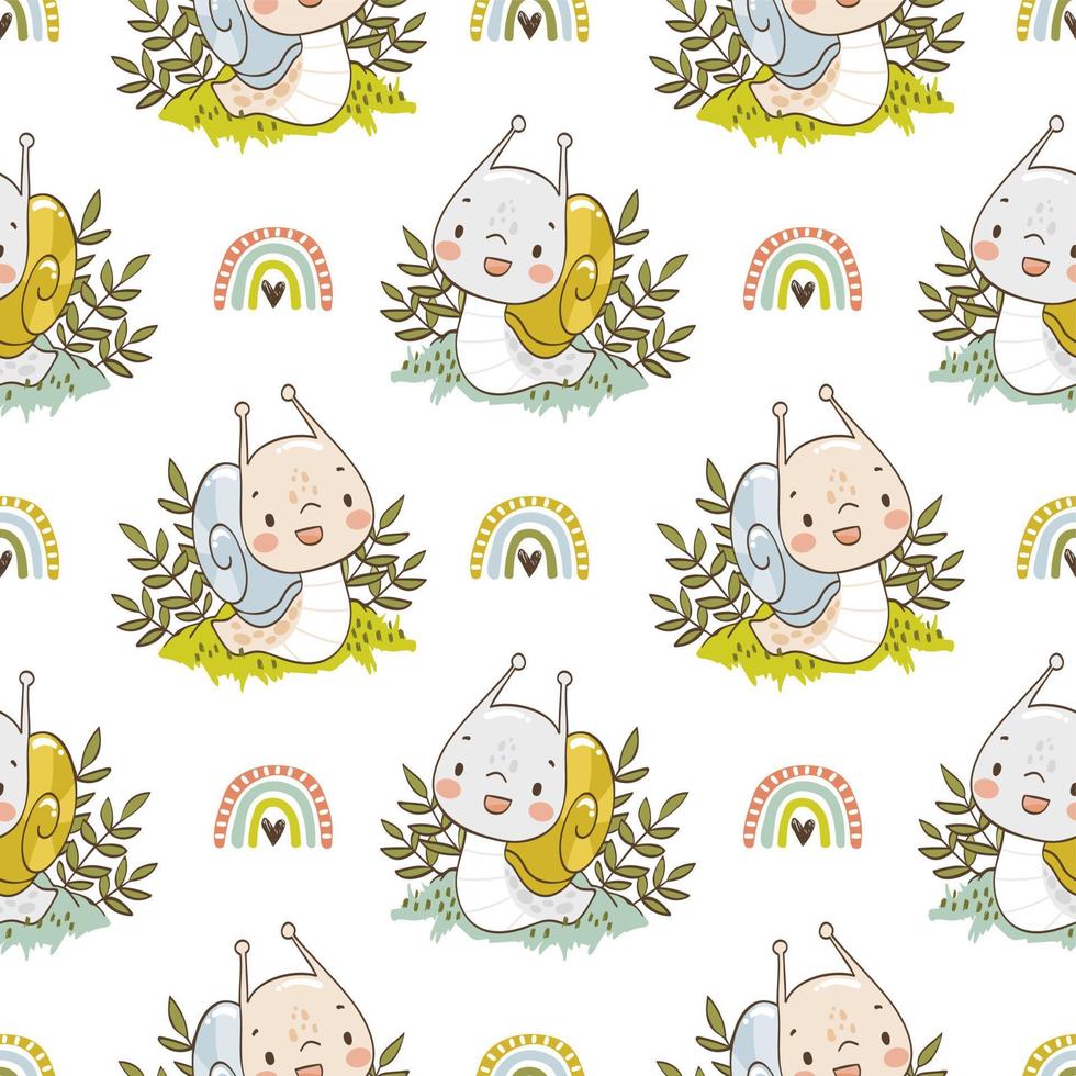 Cute little snail with rainbow seamless pattern for kids vector