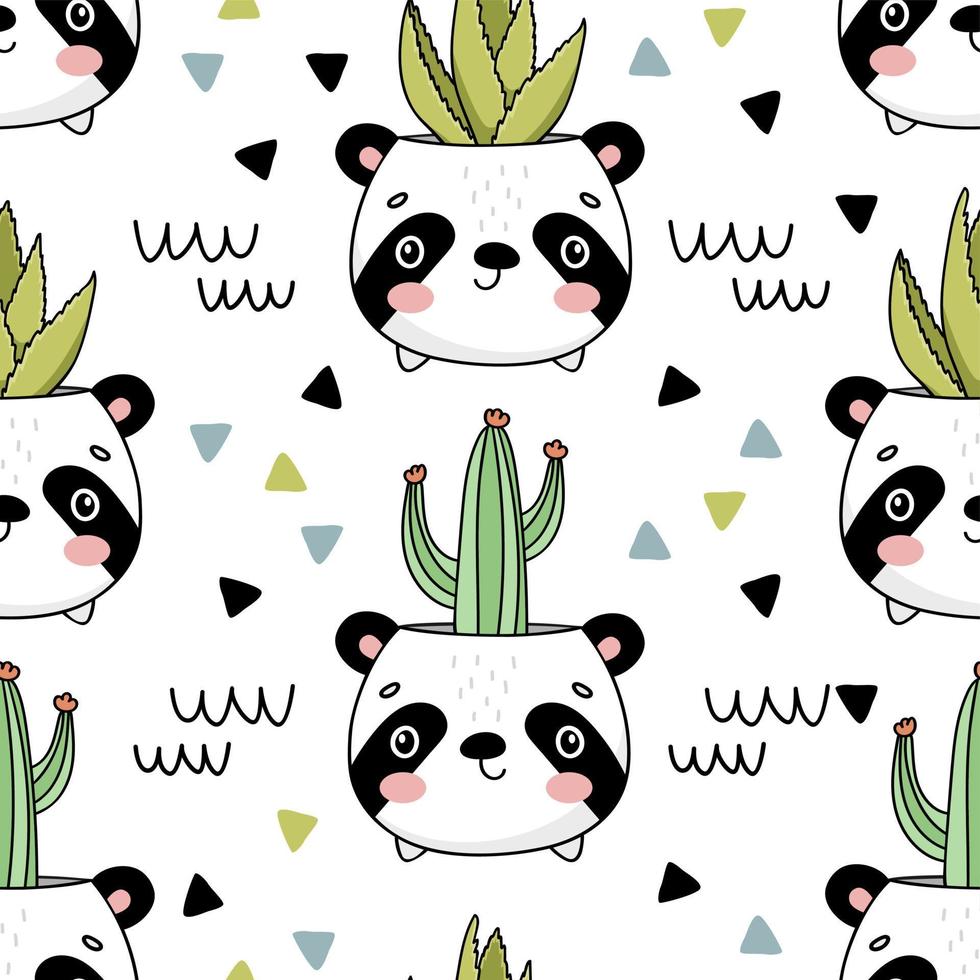 Cute panda animal pot with cactus seamless pattern for kids vector