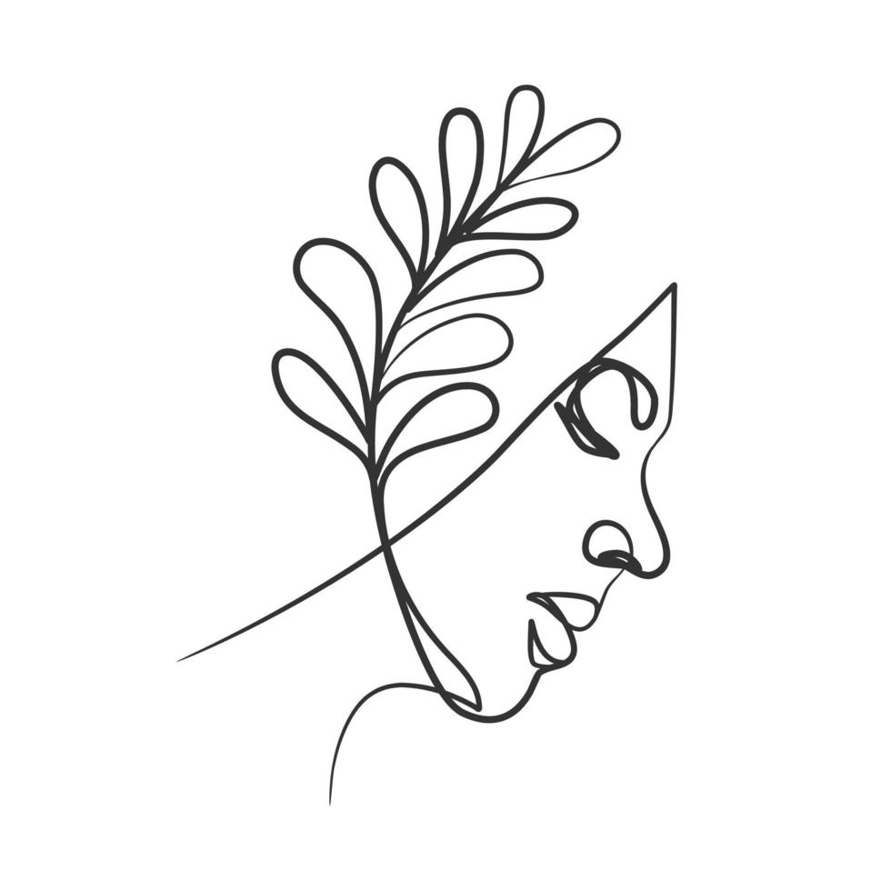 Continuous line drawing of woman face. Woman face with plant vector