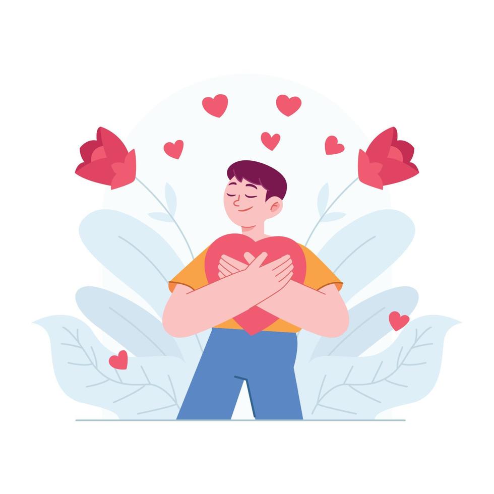 ámate a ti mismo concepto vector ilustración idea para la plantilla de la página de destino, amor propio feliz abrazo estima confianza en el ego, aceptación del cuerpo como orgulloso y cariñoso, actitud positiva, estilo plano dibujado a mano