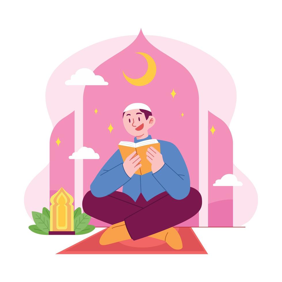 ramadan kareem mubarak concepto vector ilustración idea para plantilla de página de inicio, familia islámica aprendiendo corán, el libro sagrado, personas rezando en el mes sagrado, iftar, estilo plano dibujado a mano