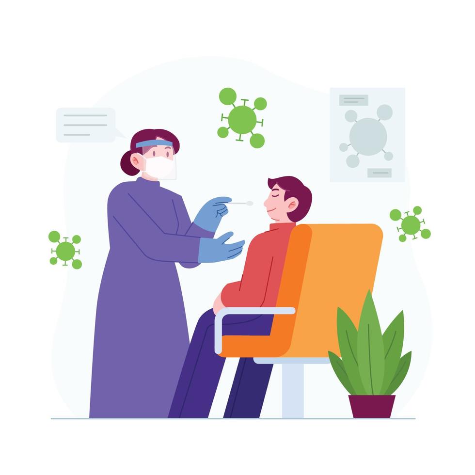 Corona Virus test concept vector Illustration idea for landing page template,swab test from patient nose and mouth,infection diagnose expertise and collect confirmation covid-19, Hand drawn Flat Style