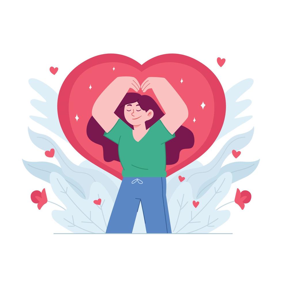 ámate a ti mismo concepto vector ilustración idea para la plantilla de la página de destino, amor propio feliz abrazo estima confianza en el ego, aceptación del cuerpo como orgulloso y cariñoso, actitud positiva, estilo plano dibujado a mano