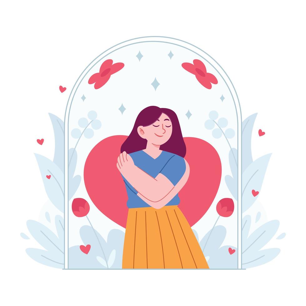 Love yourself concept vector Illustration idea for landing page template, happy self love hug esteem ego confidence, body acceptance as proud and caring, positive attitude, Hand drawn Flat Style