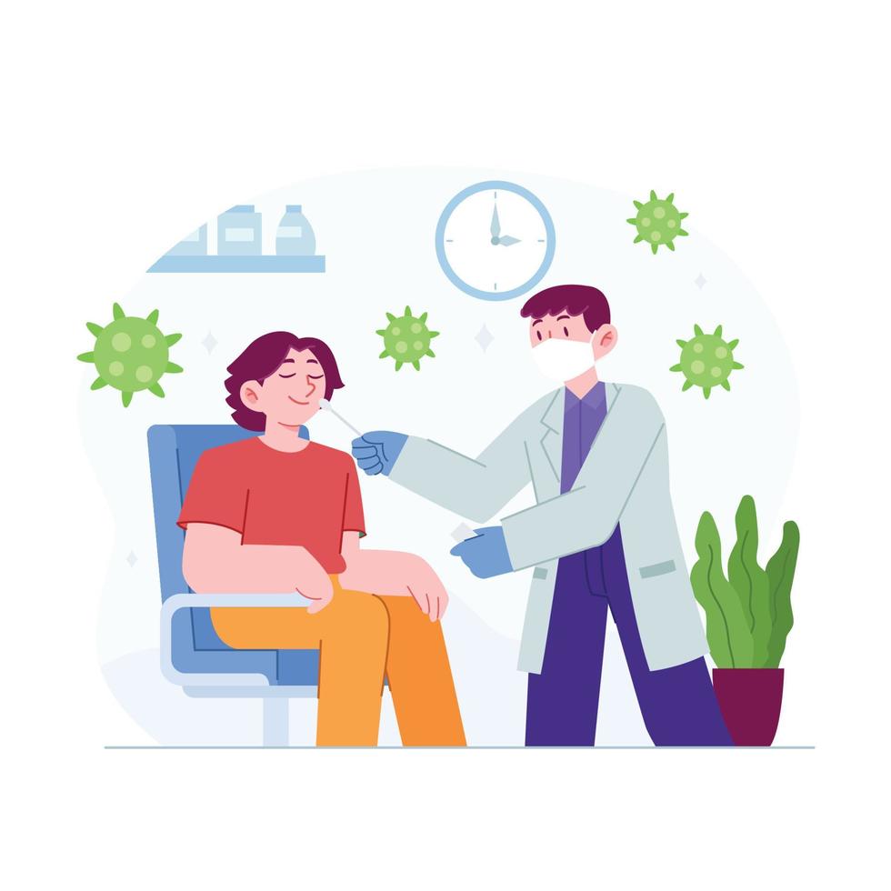 Corona Virus test concept vector Illustration idea for landing page template,swab test from patient nose and mouth,infection diagnose expertise and collect confirmation covid-19, Hand drawn Flat Style